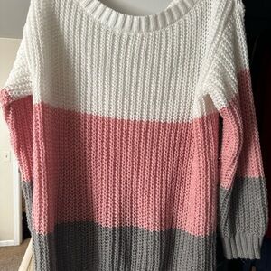 Colorblock Knit Sweater - White, Pink, and Gray